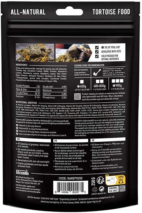 Arcadia Reptile - EarthPro-Optimised52 - Freshly Pressed Tortoise Food - 250g - Natural Ingredients - Highly Palatable - Tortoise Accessories