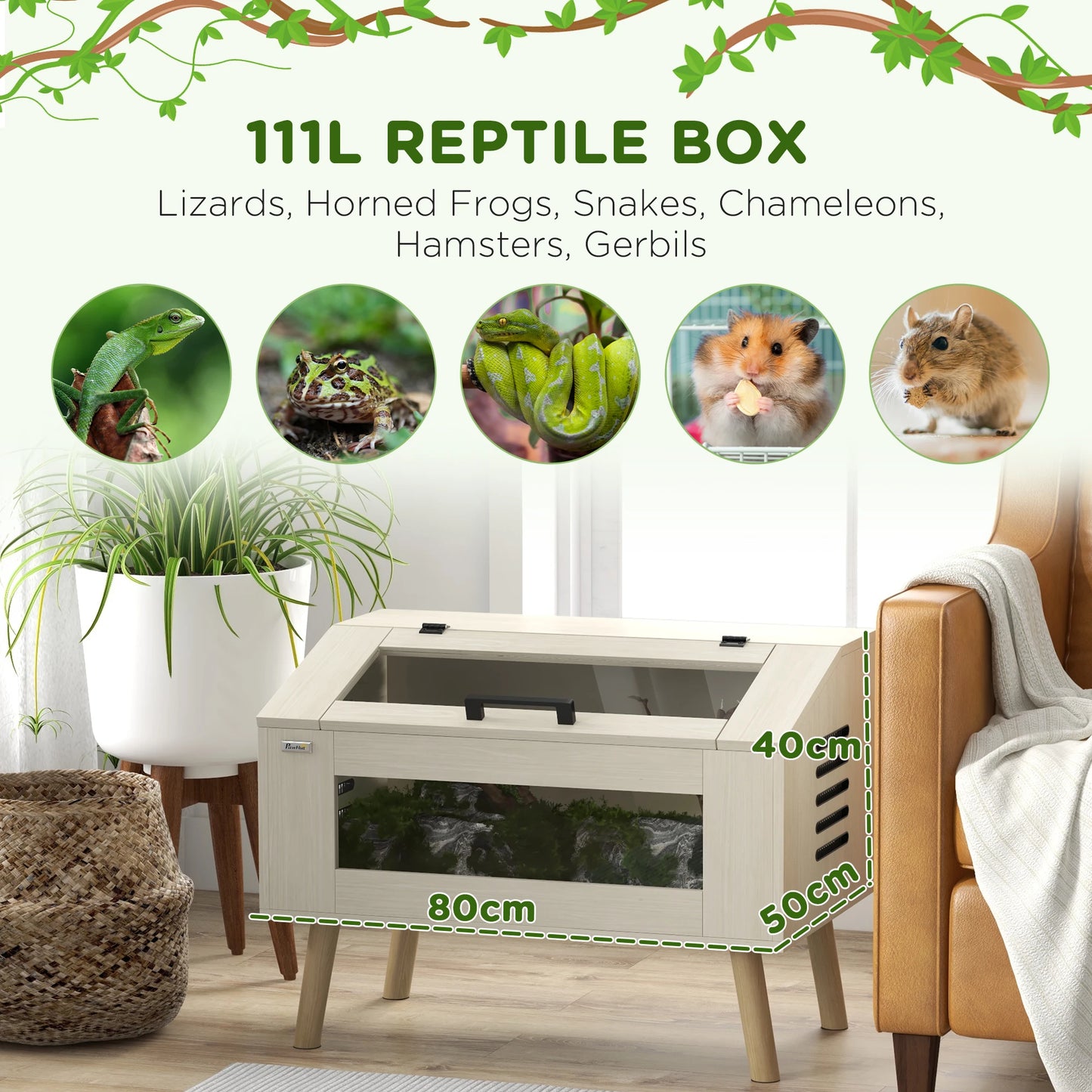 PawHut Reptile Vivarium Terrarium with Tempered Glass Windows, Openable Top for Snake Lizards, Horned Frogs, Chameleons
