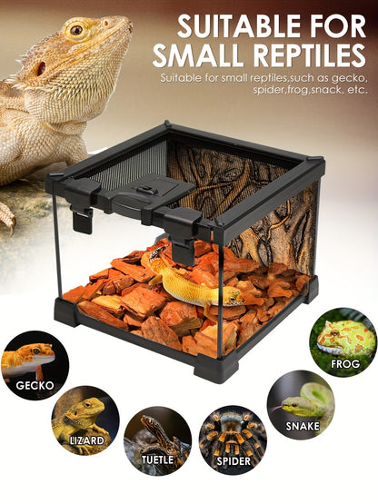1pc Amphibious Reptile Terrarium, Glass Breeding Tank with Metal Mesh Cover for Lizards, Frogs, Spiders, Snakes - Rectangle Shape, Uncharged, Suitable for Various Species, Insectivore Tank|Ventilated Reptile Home|Ecosystem Di