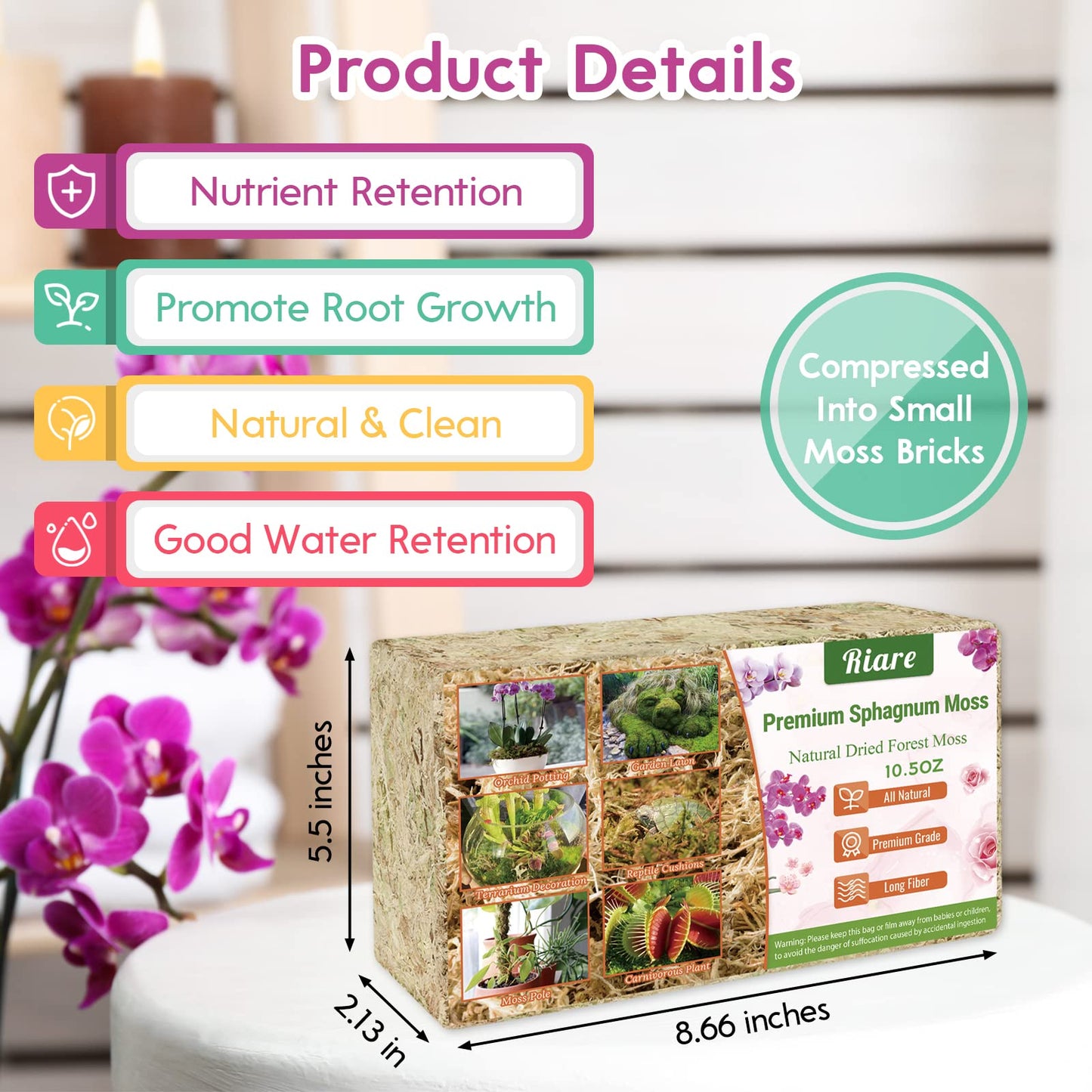 Riare 300g Natural Sphagnum Moss Dried Forest Moss Long Fibered Orchid Moss Potting Mix for Potted Plants Carnivorous Plants Moss Orchid Potting Mix,Reptile Substrate Habitat Decoration (300g)
