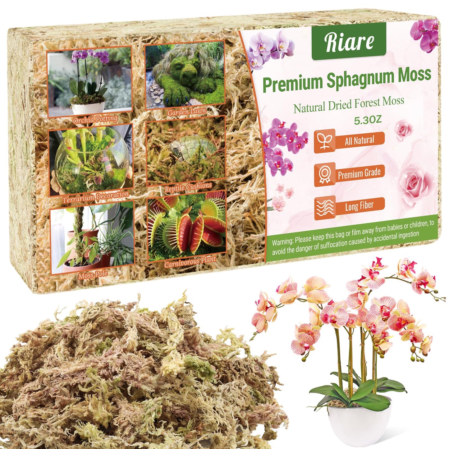 Riare 300g Natural Sphagnum Moss Dried Forest Moss Long Fibered Orchid Moss Potting Mix for Potted Plants Carnivorous Plants Moss Orchid Potting Mix,Reptile Substrate Habitat Decoration (300g)