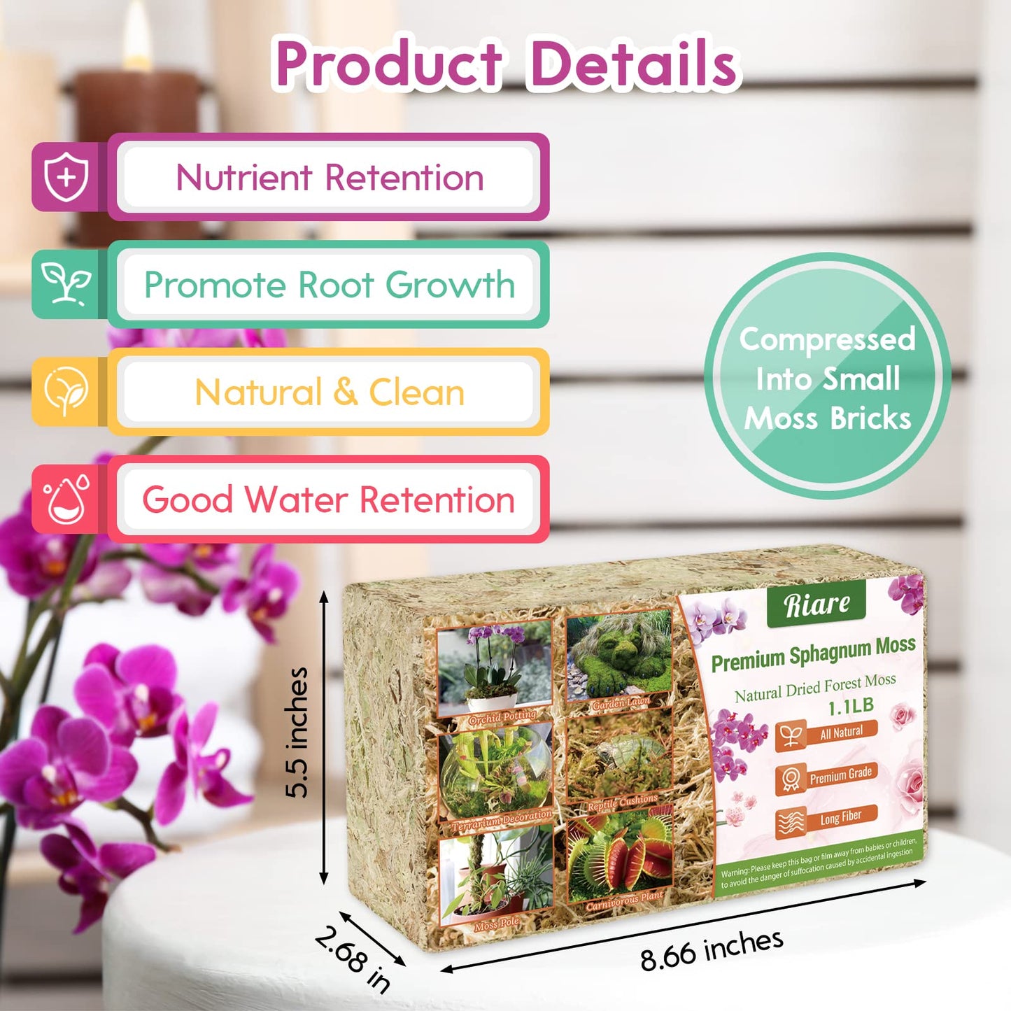 Riare 300g Natural Sphagnum Moss Dried Forest Moss Long Fibered Orchid Moss Potting Mix for Potted Plants Carnivorous Plants Moss Orchid Potting Mix,Reptile Substrate Habitat Decoration (300g)
