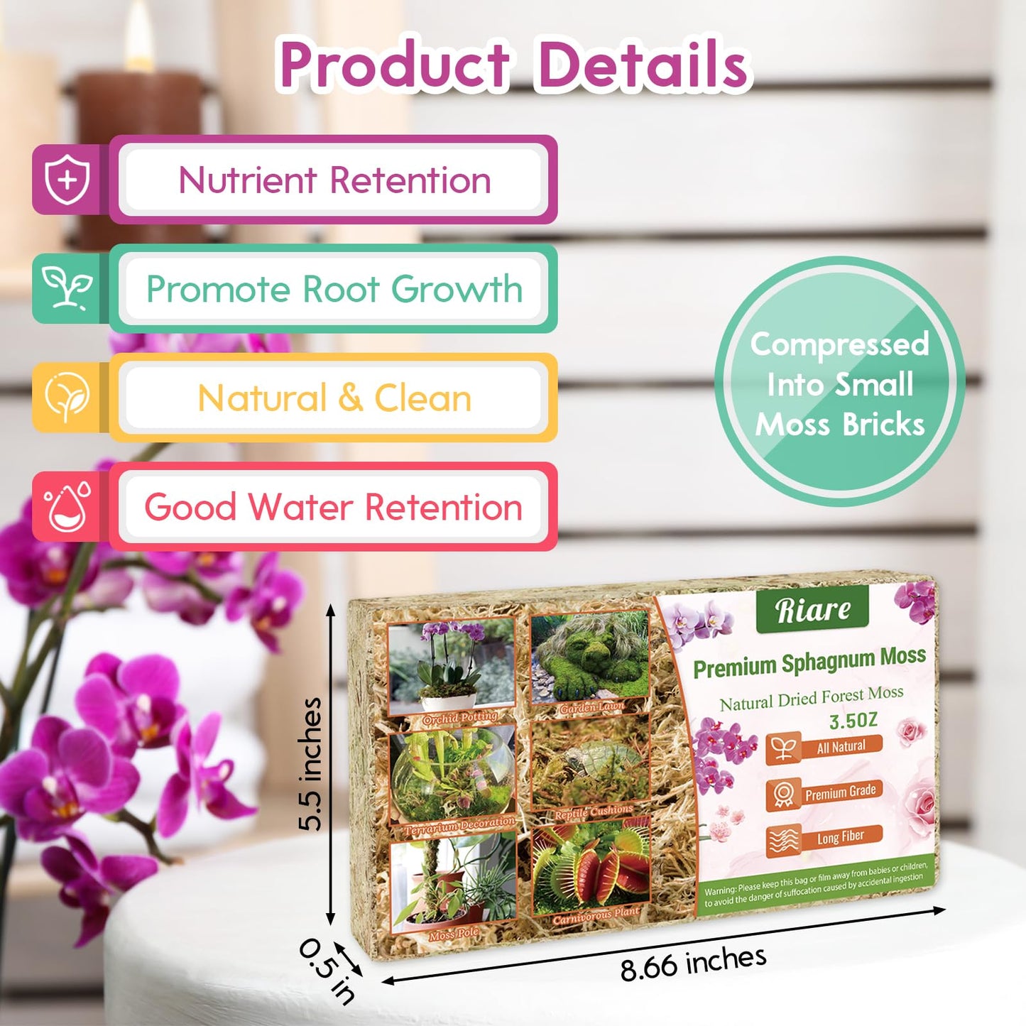 Riare 300g Natural Sphagnum Moss Dried Forest Moss Long Fibered Orchid Moss Potting Mix for Potted Plants Carnivorous Plants Moss Orchid Potting Mix,Reptile Substrate Habitat Decoration (300g)