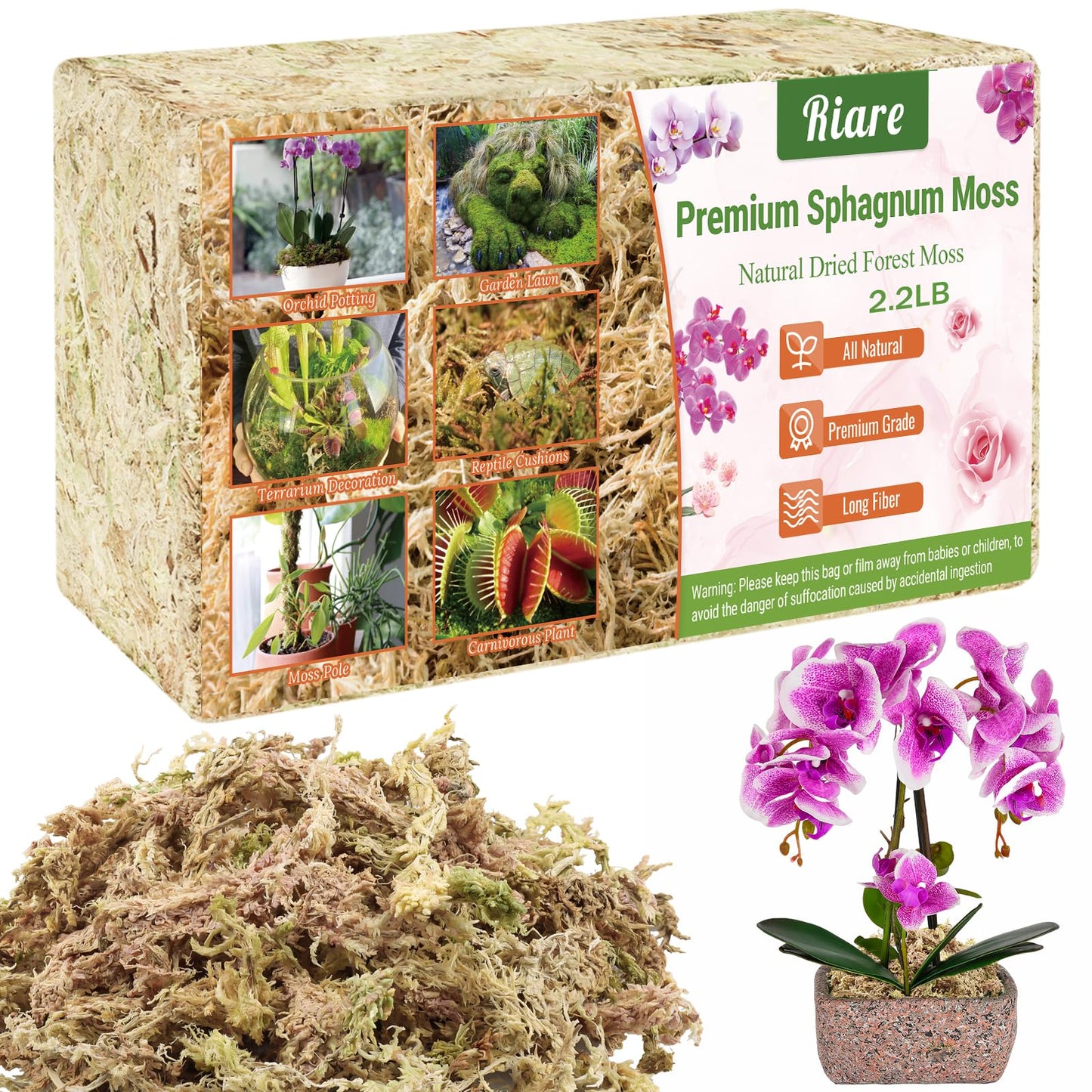 Riare 300g Natural Sphagnum Moss Dried Forest Moss Long Fibered Orchid Moss Potting Mix for Potted Plants Carnivorous Plants Moss Orchid Potting Mix,Reptile Substrate Habitat Decoration (300g)