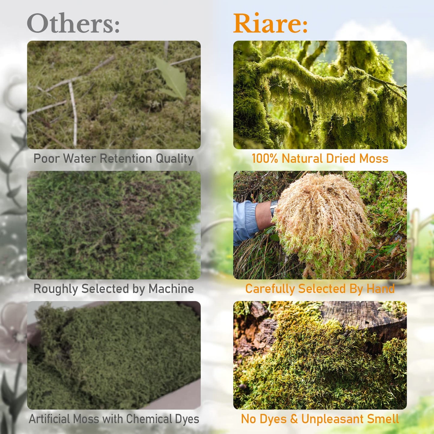 Riare 300g Natural Sphagnum Moss Dried Forest Moss Long Fibered Orchid Moss Potting Mix for Potted Plants Carnivorous Plants Moss Orchid Potting Mix,Reptile Substrate Habitat Decoration (300g)