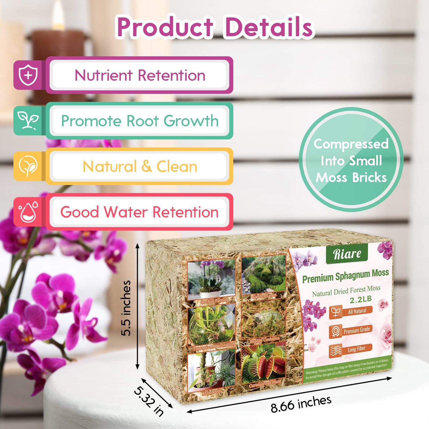 Riare 300g Natural Sphagnum Moss Dried Forest Moss Long Fibered Orchid Moss Potting Mix for Potted Plants Carnivorous Plants Moss Orchid Potting Mix,Reptile Substrate Habitat Decoration (300g)