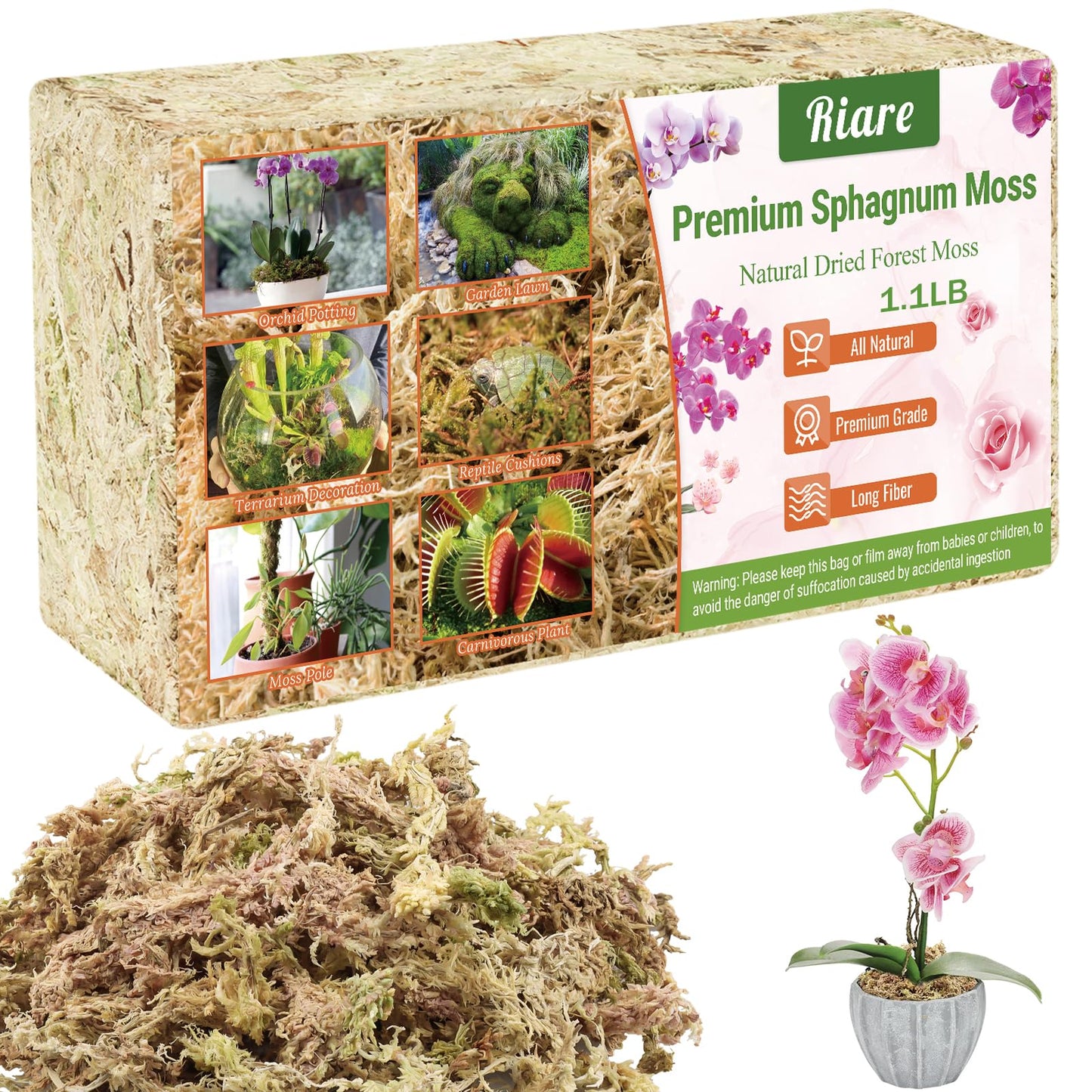Riare 300g Natural Sphagnum Moss Dried Forest Moss Long Fibered Orchid Moss Potting Mix for Potted Plants Carnivorous Plants Moss Orchid Potting Mix,Reptile Substrate Habitat Decoration (300g)