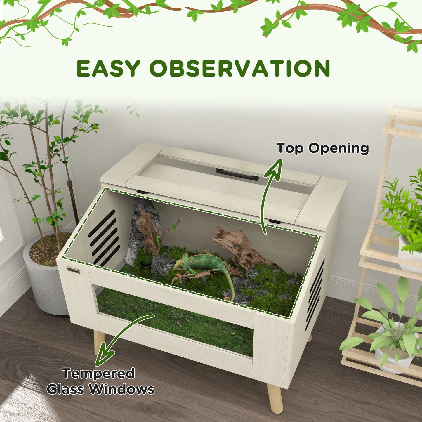 PawHut Reptile Vivarium Terrarium with Tempered Glass Windows, Openable Top for Snake Lizards, Horned Frogs, Chameleons