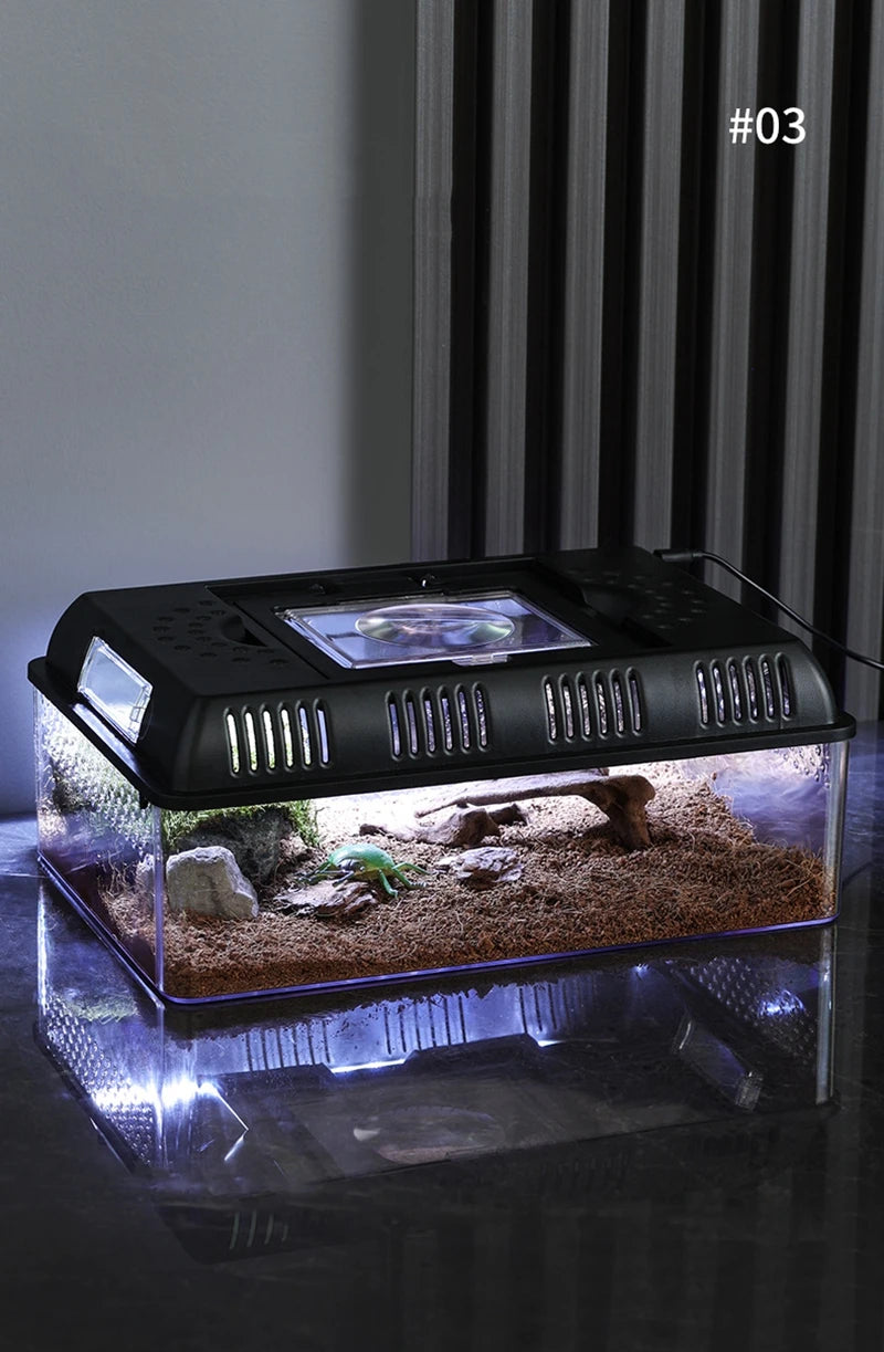Transparent LED Light Reptile Animal Insect Pet Cage Breathable Feeding Portable Lamp Box Frog Snake ,Geckos,Inverts,spiders