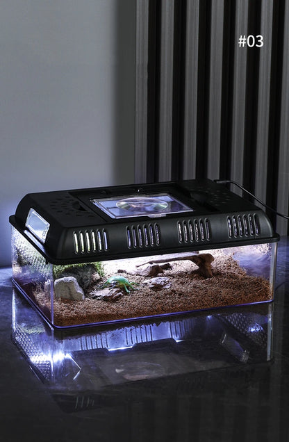 Transparent LED Light Reptile Animal Insect Pet Cage Breathable Feeding Portable Lamp Box Frog Snake ,Geckos,Inverts,spiders