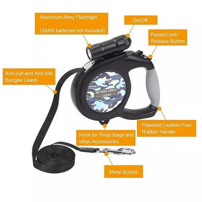 8M Nylon Pet Lead Leash with LED Light Strong Retractable Durable Extendables Lockable Tapes For Max 50KG Large Dog
